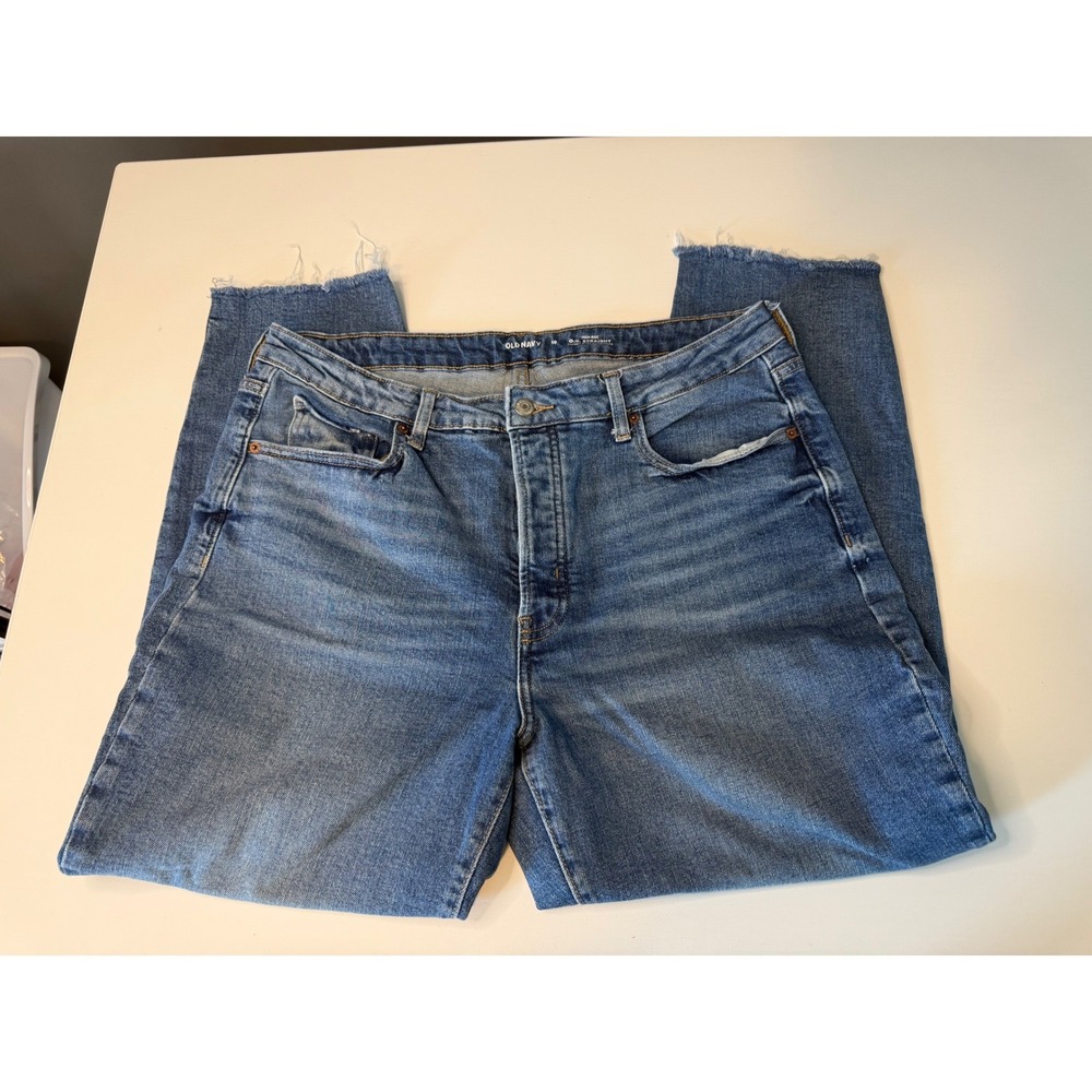 Old Navy O.G. Straight High Rise Jeans Medium Wash Raw Hem Womens 16 - Picture 1 of 5